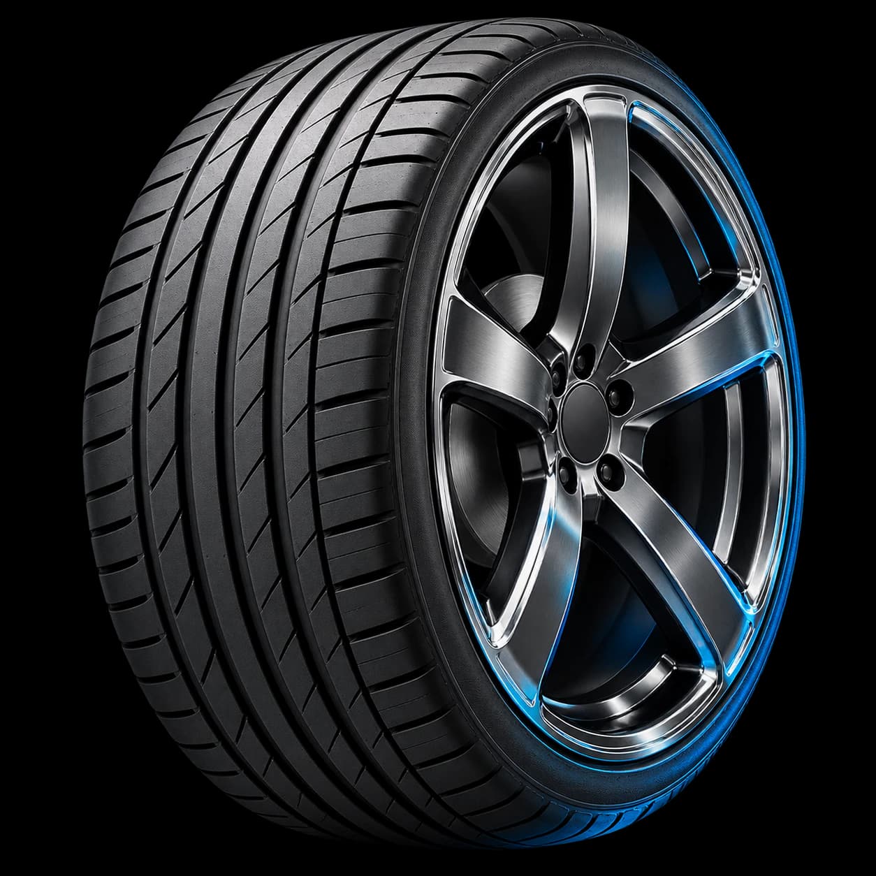 Low-profile performance tyre with a five-spoke graphite alloy wheel